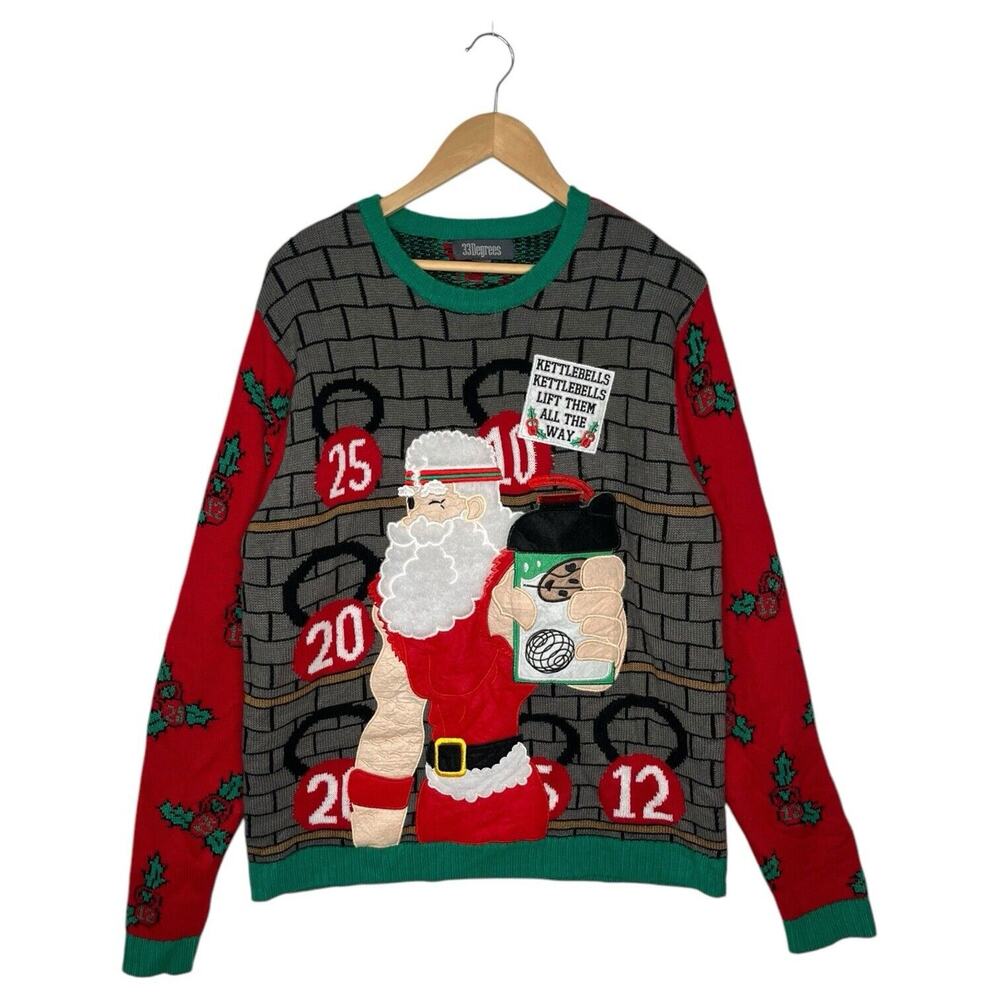 33 Degrees Sweater Mens XL Ugly Christmas Holiday Workout Kettlebell Buff Santa
